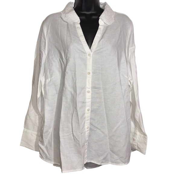Laura Ashley Tops - Laura Ashley Blouse Linen Cotton Blend Button Front Long Sleeve Eyelet Collar 1X
